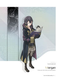 Rule 34 | 1girl, absurdres, black hair, book, character name, cloak, detached sleeves, fire emblem, fire emblem awakening, full body, highres, holding, holding book, hood, hood down, hooded cloak, kozaki yuusuke, long sleeves, looking at viewer, morgan (female) (fire emblem), morgan (fire emblem), nintendo, official art, open book, page number, pants, parted lips, simple background, solo, standing