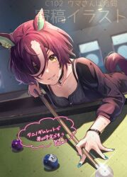 Rule 34 | 1girl, animal ears, ball, billiard ball, billiards, black jacket, black pants, blue nails, botantouki, bracelet, brown hair, camisole, clothing cutout, collar, collarbone, cue stick, ear ornament, eyepatch, grey camisole, grin, hair over one eye, horse ears, horse girl, horse tail, jacket, jewelry, leaning forward, long sleeves, looking at viewer, nail polish, official alternate costume, pants, pool table, ribbed camisole, smile, solo, table, tail, tail through clothes, tanino gimlet (umamusume), umamusume, yellow eyes