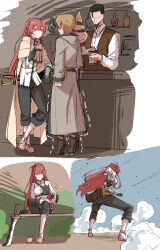 Rule 34 | absurdres, bar (place), bartender, brown hair, chest guard, chubb, cloak, collared shirt, crossed legs, cup, eris greyrat, gloves, highres, holding, holding cup, leaning on table, mushoku tensei, red eyes, red hair, robe, rudeus greyrat, shirt, shoes, unworn shoes, sitting, sketch, standing, sweatdrop, sword, tiptoes, trembling, weapon