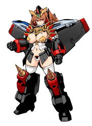 Rule 34 | 1girl, airplane wing, alternate breast size, breasts, clenched hands, drill, frame arms girl, gaogaigar, gaogaigar (crossframe girl), highres, large breasts, looking at viewer, mecha musume, messy (efuya), navel, orange eyes, orange hair, personification, skindentation, solo, thighhighs, v-fin, white background, white thighhighs, yuusha ou gaogaigar, yuusha series