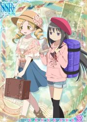 2girls akemi_homura artist_request backlighting backpack bag belt belt_buckle beret black_belt black_hair black_socks blonde_hair blue_shorts blue_skirt book boots brown_footwear brown_hat buckle card_(medium) carnation closed_mouth collarbone denim denim_shorts dot_nose drill_hair envelope feet_out_of_frame floral_print flower game_cg happy hat hat_flower holding holding_bag holding_book holding_suitcase hood hood_down hoodie kyubey light_blush light_smile long_hair long_sleeves looking_ahead mahou_shoujo_madoka_magica mahou_shoujo_madoka_magica_mobage medium_skirt multiple_girls official_alternate_costume official_art open_mouth over-kneehighs pale_skin pink_flower pink_hoodie pink_shawl pleated_skirt pocket postage_stamp purple_bag purple_eyes red_hat red_ribbon ribbon ribbon-trimmed_footwear shawl shirt short_sleeves shorts skirt sleeve_ribbon smile socks sparkle stamp_mark straight_hair suitcase sun_hat thighhighs third-party_source tomoe_mami tsurime twin_drills very_long_hair walking white_shirt yellow_eyes