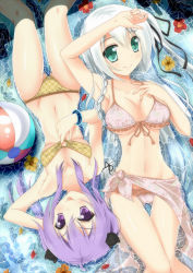 Rule 34 | 2girls, absurdres, akane miu, bad id, bad pixiv id, ball, beachball, bikini, blush, braid, breasts, cat hair ornament, flower, green eyes, hair ornament, highres, long hair, lying, md5 mismatch, medium breasts, multiple girls, navel, original, petals, purple eyes, purple hair, sarong, see-through, see-through sarong, side ponytail, silver hair, small breasts, smile, swimsuit, tongue, tongue out, twin braids, twintails, water