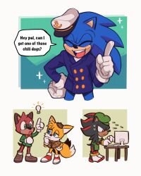 Rule 34 | 4boys, animal ears, animal nose, apron, arm up, blue eyes, blue jacket, blush, brown capelet, buttons, capelet, closed eyes, closed mouth, commentary, computer, detective, english commentary, english text, fox boy, furry, furry male, gloves, green eyes, hat, highres, index finger raised, jacket, light bulb, looking at another, male focus, multiple boys, open mouth, peaked cap, protagonist (the murder of sonic the hedgehog), red eyes, red footwear, shadow the hedgehog, shoes, simple background, sky (skyblitzhart), smile, sonic (series), sonic the hedgehog, speech bubble, standing, tail, tails (sonic), the murder of sonic the hedgehog, typing, white background, white gloves, white headwear, yellow fur
