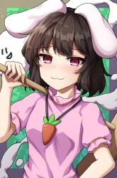 Rule 34 | 1girl, :3, :d, animal ears, black hair, carrot necklace, closed mouth, commentary request, floppy ears, highres, inaba tewi, jewelry, kine, looking at viewer, mallet, mochi (touhou), necklace, open mouth, rabbit ears, red eyes, short hair, short sleeves, sketch, smile, solo, touhou, upper body, yosshy