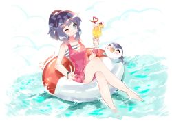 Rule 34 | 1girl, artist request, bare shoulders, beak, berry, blue background, blue eyes, blue hair, blush, bracelet, breasts, casual one-piece swimsuit, closed eyes, cocktail, collarbone, crazy straw, creatures (company), crossed legs, cup, dawn (pokemon), drink, drinking glass, drinking straw, english text, flower, food, frilled swimsuit, frills, fruit, full body, game freak, gen 4 pokemon, glass, hair ornament, hair tie, hands up, heart straw, highres, innertube, jewelry, looking at viewer, matching hair/eyes, nintendo, one-piece swimsuit, one eye closed, open mouth, orange (fruit), orange slice, pink one-piece swimsuit, piplup, pokemon, pokemon: arceus and the jewel of life, pokemon (anime), pokemon (creature), pokemon dppt (anime), ponytail, scrunchie, short hair, simple background, sitting, small breasts, smile, steam, swim ring, swimsuit, text focus, w, water, white background, white flower, wink, wrist scrunchie