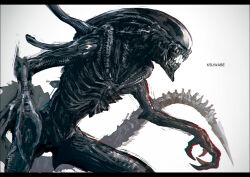 Rule 34 | alien, alien (1979), alien (series), aliens (1986), artist name, commentary request, fangs, gradient background, grey background, k-suwabe, letterboxed, monster, no humans, open mouth, tail, xenomorph