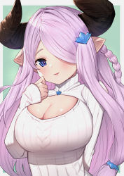 Rule 34 | 1girl, blue eyes, braid, breasts, cleavage, commentary request, curled horns, draph, fang, granblue fantasy, green background, grey background, hair over one eye, hand up, highres, horns, large breasts, long hair, long sleeves, looking at viewer, meme attire, narmaya (granblue fantasy), open-chest sweater, parted lips, pink hair, pointy ears, single braid, sleeves past wrists, smile, solo, sweater, two-tone background, uneg, upper body, very long hair