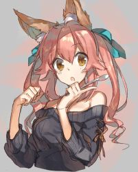 Rule 34 | 10s, :o, animal ears, bad id, bad pixiv id, bare shoulders, blush, casual, chocoan, fate/extra, fate (series), fox ears, grey background, hair ribbon, holding, long sleeves, looking at viewer, off-shoulder, off-shoulder sweater, off shoulder, open mouth, pink hair, pointing, ribbon, simple background, sketch, solo, sweater, tamamo (fate), tamamo no mae (fate/extra), yellow eyes