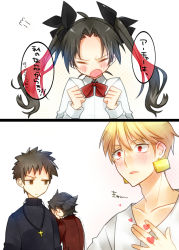 Rule 34 | 1girl, 3boys, blonde hair, blush, brown eyes, brown hair, child, cross, cross necklace, earrings, fate/zero, fate (series), gilgamesh (fate), haine (howling), heart, jewelry, kotomine kirei, multiple boys, necklace, red eyes, tantrum, tohsaka rin, tohsaka tokiomi, translation request, aged down