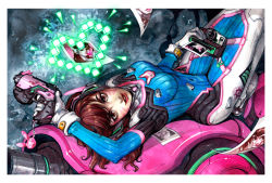 Rule 34 | 1girl, animal print, arm cannon, arm up, armor, bodysuit, boots, bracer, breasts, brown eyes, brown hair, blowing bubbles, camera, charm (object), chewing gum, covered navel, d.va (overwatch), eyelashes, facepaint, facial mark, finger on trigger, gloves, gun, handgun, headphones, holding, holding gun, holding weapon, knees up, lips, lipstick, long hair, long sleeves, looking at viewer, lying, makeup, mecha, medium breasts, meka (overwatch), on back, overwatch, overwatch 1, painting (medium), parted lips, pauldrons, photo (object), pilot suit, rabbit print, red lips, ribbed bodysuit, robot, shoulder armor, shoulder pads, skin tight, solo, thigh boots, thigh strap, thighhighs, traditional media, turtleneck, watercolor (medium), weapon, whisker markings, white footwear, white gloves, yana bogatch