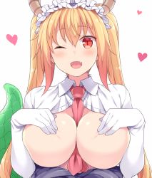 Rule 34 | 1girl, ;d, amane hasuhito, bad id, bad pixiv id, between breasts, blonde hair, breasts, breasts out, commentary request, covering nipples, covering privates, dragon tail, elbow gloves, fang, gloves, heart, horns, kobayashi-san chi no maidragon, large breasts, large tail, looking at viewer, maid headdress, necktie, necktie between breasts, one eye closed, open clothes, open mouth, open shirt, red eyes, red necktie, shirt, simple background, smile, solo, tail, tohru (maidragon), twintails, upper body, white background, white gloves, white shirt