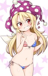 Rule 34 | &gt;:), 1girl, american flag bikini, bare arms, bare shoulders, bikini, blonde hair, blue bikini, blush, breasts, clownpiece, collarbone, commentary request, cowboy shot, fairy wings, flag print, front-tie bikini top, front-tie top, grin, groin, hair between eyes, hand up, hat, head tilt, heart, highres, jester cap, long hair, looking at viewer, navel, polka dot, polka dot headwear, purple hat, red bikini, red eyes, shiny skin, side-tie bikini bottom, simple background, small breasts, smile, solo, standing, star (symbol), star print, stomach, strap pull, strap slip, striped bikini, striped clothes, suwa yasai, swimsuit, thighs, touhou, v, v-shaped eyebrows, white background, white bikini, wings
