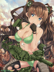 Rule 34 | 1girl, bad id, bad pixiv id, bikini, black thighhighs, blue eyes, breasts, brown gloves, brown hair, cannon, cleavage, cloud, cloudy sky, collarbone, fingerless gloves, gloves, green bikini, hair ornament, large breasts, long hair, looking at viewer, m551 sheridan (weapon girls), machinery, mecha musume, military, military vehicle, motor vehicle, official art, original, re lucy, sky, smile, solo, swimsuit, tank, thighhighs, vehicle, very long hair, weapon girls