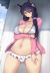 Rule 34 | 10s, 1girl, alternate hair length, alternate hairstyle, bikini, breast hold, breasts, cleavage, collarbone, eyepatch, hair ornament, hair scrunchie, headgear, highres, jewelry, kantai collection, large breasts, light smile, long hair, looking at viewer, looking down, navel, purple hair, ring, scrunchie, solo, stomach, swimsuit, tenryuu (kancolle), yellow eyes, yuzumiya mono