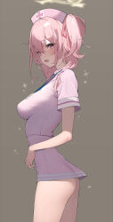Rule 34 | 1girl, ass, blue archive, blush, commentary, cross, dress, from side, halo, harenchi, hat, highres, looking at viewer, microdress, nurse, open mouth, pink eyes, pink hair, serina (blue archive), shirt, short sleeves, simple background, symbol-only commentary, thighs, twintails, uniform