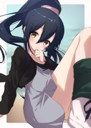 Rule 34 | 1girl, beach, black hair, blurry, blurry background, blush, collarbone, covering own mouth, cropped jacket, dress, framed, green socks, hair between eyes, hair ornament, hand over own mouth, highres, k-on!, knees up, kootee-on, legs, long hair, long sleeves, looking at viewer, nakano azusa, ponytail, scrunchie, shoes, socks, solo, yellow eyes