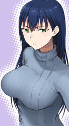 Rule 34 | 1girl, blue hair, breasts, closed mouth, commentary request, green eyes, grey sweater, hair between eyes, hashi, large breasts, light smile, long hair, looking at viewer, mole, mole under mouth, simple background, smile, solo, sweater, toki-sensei (toki sensei wa kigaetai), toki sensei wa kigaetai, turtleneck, turtleneck sweater
