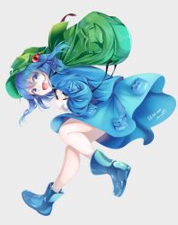 Rule 34 | 1girl, :d, artist name, backpack, bag, blue eyes, blue footwear, blue hair, blue jacket, blue skirt, boots, cabbie hat, chikuwa savy, commentary request, green bag, green hat, grey background, hair between eyes, hair bobbles, hair ornament, hat, highres, jacket, kawashiro nitori, key, legs, long sleeves, looking at viewer, miniskirt, open mouth, pocket, rubber boots, short hair, simple background, skirt, skirt set, smile, solo, touhou, twitter username, two side up