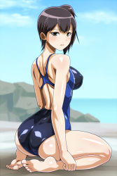 Rule 34 | 10s, 1girl, alternate costume, ass, back, barefoot, black eyes, black hair, blush, brown eyes, competition swimsuit, feet, female focus, kaga (kancolle), kantai collection, looking at viewer, monteriakitto, one-piece swimsuit, seiza, short hair, side ponytail, sitting, solo, swimsuit