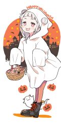 Rule 34 | 1girl, :p, arashi chisato, basket, bat (animal), black footwear, boots, brown pantyhose, candy, commentary request, double bun, dress, english text, food, from side, ghost, ghost costume, grey hair, hair bun, halloween, halloween costume, happy halloween, highres, holding, hood, hood up, hooded dress, jack-o&#039;-lantern, leaning forward, long sleeves, looking at viewer, love live!, love live! superstar!!, pantyhose, purple eyes, short hair, sleeves past fingers, sleeves past wrists, smile, solo, standing, taneda yuuta, tongue, tongue out, white dress