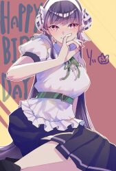 Rule 34 | 1girl, belt, bun cover, closed mouth, commentary, double bun, dress, green belt, green ribbon, hair bun, happy birthday, headband, heaven burns red, highres, long hair, looking at viewer, neck ribbon, pink eyes, pleated skirt, puffy short sleeves, puffy sleeves, purple hair, purple skirt, ribbon, rin 0101010, satsuki mari, short sleeves, skirt, solo, twintails, upper body, very long hair, white dress, white headband