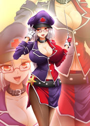 Rule 34 | 1girl, adapted costume, alternate hairstyle, belt, bespectacled, breasts, cleavage, collar, curvy, female focus, glasses, gloves, hat, huge breasts, miniskirt, multicolored clothes, multicolored skirt, navel, open mouth, orange eyes, pantyhose, peaked cap, pencil skirt, shirt, short hair, side slit, silver hair, skirt, skirt set, solo, standing, touhou, yagokoro eirin, yanmarson, zoom layer