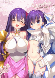 Rule 34 | 10s, 2girls, ^ ^, armadillon, bare shoulders, belt, blue eyes, breasts, cherry blossoms, closed eyes, collar, crotch plate, fate/extra, fate/extra ccc, fate (series), hair ribbon, highres, huge breasts, long hair, looking at viewer, meltryllis (fate), meltryllis (third ascension) (fate), multiple girls, navel, o-ring, o-ring top, open mouth, passionlip (fate), passionlip (third ascension) (fate), petals, purple hair, red ribbon, revealing clothes, ribbon, sleeves past wrists, smile, standing, stomach, tears, turtleneck, white ribbon