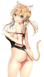 Rule 34 | 1girl, :q, alternate costume, animal ears, aqua eyes, ass, black one-piece swimsuit, blonde hair, blush, breasts, cat ears, cat tail, clothes pull, competition swimsuit, hair between eyes, highres, inuzumi masaki, kantai collection, large breasts, long hair, looking at viewer, looking back, low twintails, one-piece swimsuit, one-piece swimsuit pull, prinz eugen (kancolle), simple background, smile, solo, swimsuit, tail, thighs, tongue, tongue out, twintails, white background