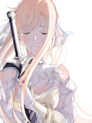 Rule 34 | 1girl, armor, asuna (stacia), bad id, bad pixiv id, blonde hair, bracelet, breastplate, choker, crossed arms, crying, dark repulser, detached sleeves, closed eyes, floating hair, gloves, holding, holding sword, holding weapon, jewelry, long hair, nina sukinamono, simple background, solo, sword, sword art online, tears, upper body, very long hair, weapon, white background, white choker, white gloves, white sleeves