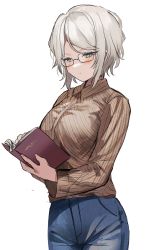 Rule 34 | 1girl, blush, book, breasts, brown shirt, closed mouth, commentary, denim, faust (project moon), glasses, grey eyes, grey hair, highres, holding, holding book, jeans, large breasts, limbus company, long sleeves, migishita, pants, project moon, shirt, simple background, solo, striped clothes, striped shirt, white background
