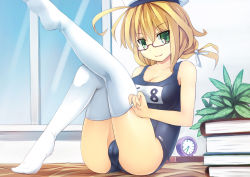 Rule 34 | 10s, 1girl, adjusting clothes, adjusting legwear, blonde hair, book, cameltoe, clock, female focus, glasses, green eyes, highres, i-8 (kancolle), kantai collection, long hair, low twintails, one-piece swimsuit, plant, school swimsuit, sitting, smile, solo, srwsrx (gp03dsrx), swimsuit, thighhighs, twintails, window