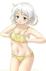 Rule 34 | 1girl, blue eyes, bra, breast conscious, breasts, breasts squeezed together, collarbone, cowboy shot, kantai collection, natsugumo (kancolle), one-hour drawing challenge, panties, ray.s, short hair, simple background, small breasts, solo, standing, underwear, white background, white hair, yellow bra, yellow panties