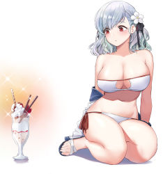 Rule 34 | 1girl, bare shoulders, bikini, breasts, cleavage, cleavage cutout, clothing cutout, commentary, dessert, flower, food, girls&#039; frontline, hair flower, hair ornament, hair ribbon, hyury, ice cream, large breasts, looking to the side, off shoulder, official alternate costume, orange background, parfait, red eyes, ribbon, side-tie bikini bottom, silver hair, simple background, sitting, slippers, spas-12 (girls&#039; frontline), spas-12 (midsummer fruit) (girls&#039; frontline), strapless, strapless bikini, sundae, swimsuit, thighs, toes, two-tone background, white background, white bikini