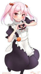 Rule 34 | 1girl, alternate costume, apron, badge, enmaided, feet out of frame, frilled apron, frills, grin, hair bobbles, hair ornament, heart, heart hands, kantai collection, maid, one-hour drawing challenge, pink eyes, pink hair, ray.s, sazanami (kancolle), short hair, simple background, smile, solo, standing, standing on one leg, twintails, white apron, white background
