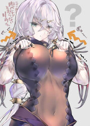 Rule 34 | 1girl, ?, atelier (series), atelier ryza, belt, black nails, bodysuit, breasts, chest belt, commentary, covered navel, crossed bangs, eyes visible through hair, grey background, grey hair, hair ornament, hair over one eye, hairclip, heterochromia, holding, holding belt, large breasts, lila decyrus, long hair, low twintails, pale skin, purple eyes, red eyes, revealing clothes, simple background, solo, tooka, translation request, twintails, twitter username