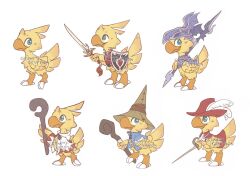 Rule 34 | bird, black mage (final fantasy), blue eyes, blue shirt, chocobo, commentary, dragoon (final fantasy), english commentary, final fantasy, grumpy gryphon, hat, hat feather, helmet, highres, holding, holding polearm, holding shield, holding wand, holding weapon, looking at viewer, looking to the side, paladin (final fantasy), pointy hat, polearm, red hat, red mage (final fantasy), red shirt, shield, shirt, simple background, wand, watermark, weapon, white background, white mage (final fantasy), yellow fur