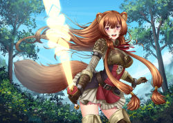 Rule 34 | 1girl, adsouto, animal ears, armor, blush, boobplate, breastplate, breasts, brown hair, day, energy sword, holding, holding sword, holding weapon, medium breasts, miniskirt, outdoors, pink eyes, raphtalia, skirt, squirrel ears, squirrel tail, sword, tagme, tail, tanuki, tate no yuusha no nariagari, teeth, thighhighs, upper teeth only, weapon, zettai ryouiki