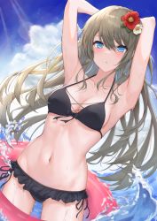 Rule 34 | 1girl, armpits, arms up, bikini, black bikini, blue eyes, blue sky, blush, breasts, brown hair, cleavage, cloud, cloudy sky, collarbone, commentary, cowboy shot, day, dutch angle, floating hair, flower, frilled bikini, frills, hair between eyes, hair flower, hair ornament, innertube, lens flare, light rays, long hair, looking at viewer, medium breasts, navel, ocean, original, outdoors, parted lips, side-tie bikini bottom, sky, solo, splashing, standing, stomach, sunlight, swim ring, swimsuit, tu (to sse), wading, wet