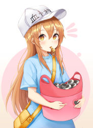 Rule 34 | 10s, 1girl, absurdres, bag, blue shirt, blush, brown eyes, character name, clothes writing, commentary request, fingernails, flat cap, hair between eyes, hat, hataraku saibou, highres, hugging object, lebring, light brown hair, long hair, mouth hold, notice lines, parted lips, platelet (hataraku saibou), shirt, short sleeves, shoulder bag, sidelocks, solo, very long hair, whistle, white hat, wide sleeves