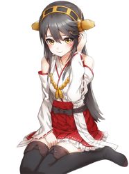 Rule 34 | 10s, 1girl, bare shoulders, black footwear, black hair, black thighhighs, boots, detached sleeves, hair ornament, hairband, hairclip, haruna (kancolle), headgear, japanese clothes, kantai collection, kfr, long hair, nontraditional miko, ribbon-trimmed sleeves, ribbon trim, simple background, sitting, smile, solo, thigh boots, thighhighs, yokozuwari, zettai ryouiki