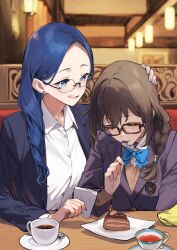 Rule 34 | 2girls, 92m, black-framed eyewear, blue bow, blue bowtie, blue eyes, blue hair, bow, bowtie, braid, braided ponytail, brown hair, cake, closed eyes, coffee, coffee cup, collared shirt, commentary request, cup, dateko (92m), disposable cup, eating, food, hand on another&#039;s head, highres, kakita (92m), long hair, multiple girls, original, sad, school uniform, shirt, white shirt