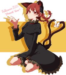 Rule 34 | 1girl, animal ears, between legs, black bow, black dress, blush, bow, breasts, cat ears, cat tail, dress, frilled dress, frills, full body, hair bow, hand between legs, heart, heart tail, highres, juliet sleeves, kaenbyou rin, long sleeves, looking at viewer, medium breasts, multiple tails, namataro, nekomata, puffy sleeves, red eyes, red hair, silhouette, simple background, sitting, solo, spread legs, tail, tareme, thank you, touhou, two-tone background, two tails, wariza