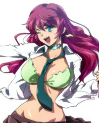 Rule 34 | 1girl, blue eyes, bra, breasts, character request, collar, green bra, hairu, lingerie, navel, necktie, one eye closed, open clothes, open mouth, open shirt, purple hair, shirt, smile, solo, underwear, wink