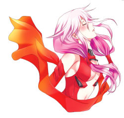 Rule 34 | 10s, 1girl, bare shoulders, blush, breasts, center opening, cleavage, collarbone, detached sleeves, closed eyes, guilty crown, hair ornament, hairclip, koromo (kinu), long hair, long sleeves, medium breasts, navel, pink hair, simple background, solo, twintails, upper body, white background, yuzuriha inori