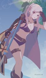 Rule 34 | 1girl, 343rone, :o, absurdres, belt, bikini, breasts, brown belt, brown gloves, cleavage, fire emblem, fire emblem awakening, fire emblem heroes, gloves, highres, holding, holding polearm, holding weapon, jacket, jacket on shoulders, long hair, looking at viewer, navel, nintendo, official alternate costume, open mouth, polearm, purple bikini, robin (female) (fire emblem), robin (female) (summer) (fire emblem), robin (fire emblem), solo, swimsuit, thigh strap, twintails, twitter username, weapon, white hair