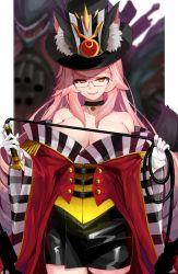 Rule 34 | 1girl, bare shoulders, black choker, black hat, black skirt, breasts, choker, cleavage, commentary request, fate/grand order, fate (series), glasses, gloves, hat, highres, koyanskaya (fate), koyanskaya (foreigner) (second ascension) (fate), large breasts, long hair, long sleeves, looking at viewer, ninoude (ninoude44), off shoulder, parted lips, pink hair, skirt, smile, solo, tamamo (fate), whip, white gloves, wide sleeves, yellow eyes