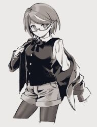Rule 34 | 1girl, bow, bowtie, buttons, closed mouth, collared shirt, commentary request, cropped legs, danganronpa, danganronpa (series), danganronpa kirigiri, denim, denim shorts, expressionless, eyelashes, glasses, grey background, greyscale, highres, jacket, jacket partially removed, layered sleeves, light frown, long sleeves, looking at viewer, monochrome, multicolored hair, no+bi=, pantyhose, pocket, removing jacket, samidare yui, shirt, short hair, shorts, simple background, solo, streaked hair, v-neck, vest