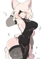 Rule 34 | 1girl, 2b (nier:automata), animal ears, animal nose, arm warmers, black dress, blindfold, blush, breasts, cat, cat ears, cat girl, cat tail, cocktail dress, dress, fang, furry, furry female, hand on own head, highres, large breasts, medium hair, navel, nier:automata, nier (series), sideboob, tail, thick thighs, thighhighs, thighs, usa37107692, whiskers, white fur, white hair, wide hips