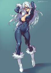 Rule 34 | 1girl, animification, black bodysuit, black cat (marvel), blue background, bodysuit, boots, breasts, detached collar, felicia hardy, fur trim, gloves, green eyes, hair between eyes, highres, kotatsu (g-rough), large breasts, long hair, looking at viewer, marvel, mask, open clothes, red lips, signature, smile, solo, standing, white footwear, white hair, zipper