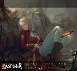Rule 34 | 1girl, absurdres, behind cover, bolt action, boots, breasts, brown footwear, brown hair, character name, closed mouth, from side, full body, girls&#039; frontline, gloves, green eyes, gun, highres, holding, holding gun, holding weapon, knee boots, large breasts, lee-enfield, lee-enfield (girls&#039; frontline), long hair, midfinger, pants, rifle, sitting, solo, torn clothes, weapon, white gloves, white pants